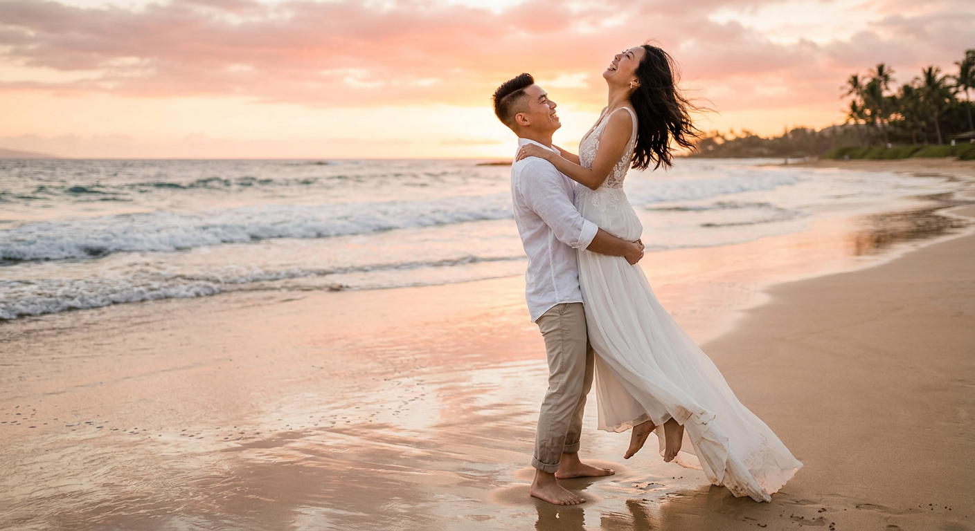 Beach sunset pre-wedding photoshoot — Asian couple on beach