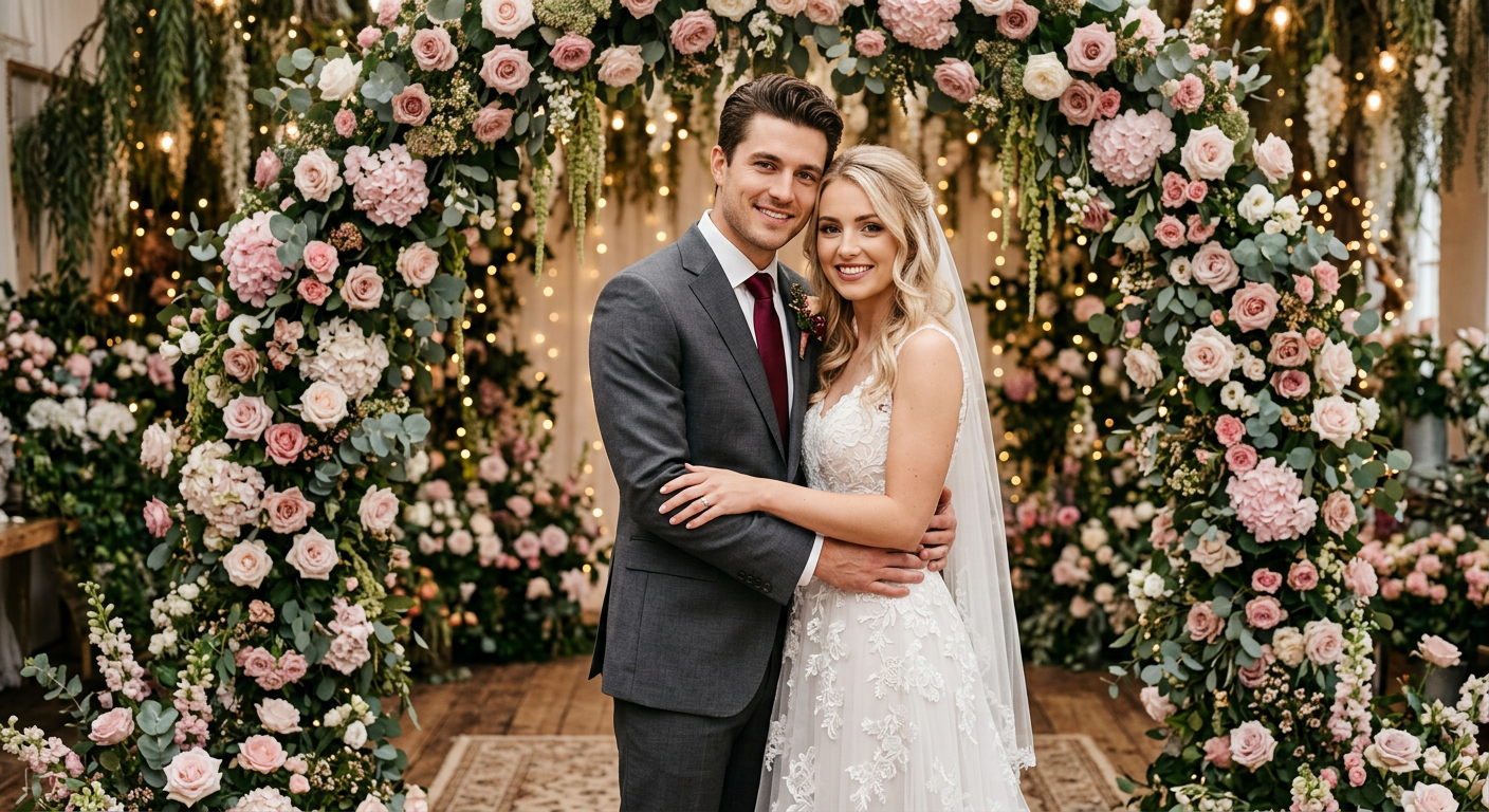 Romantic floral studio pre-wedding photoshoot — couple with flower arch