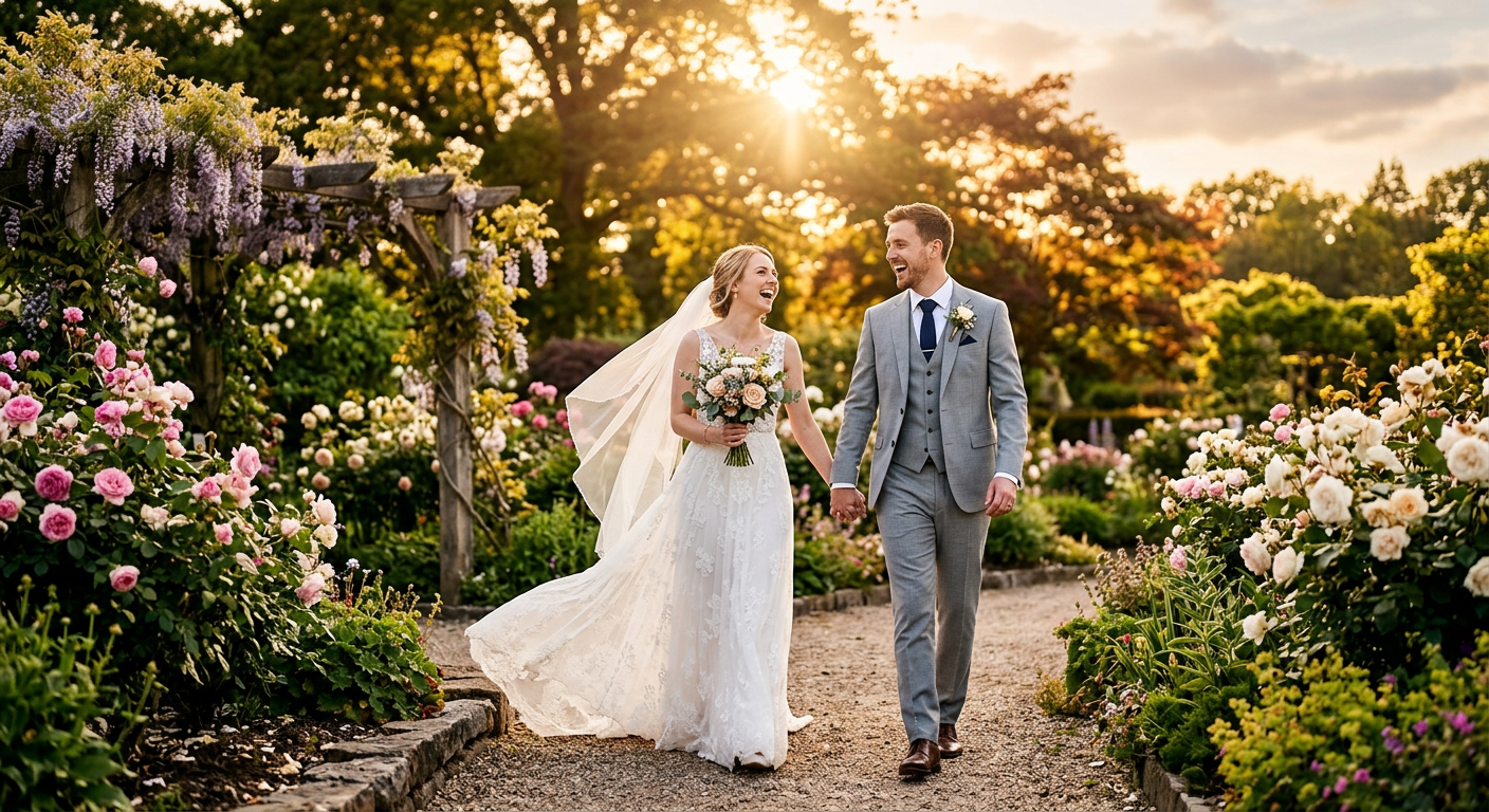 Golden hour garden pre-wedding photoshoot — couple walking at sunset