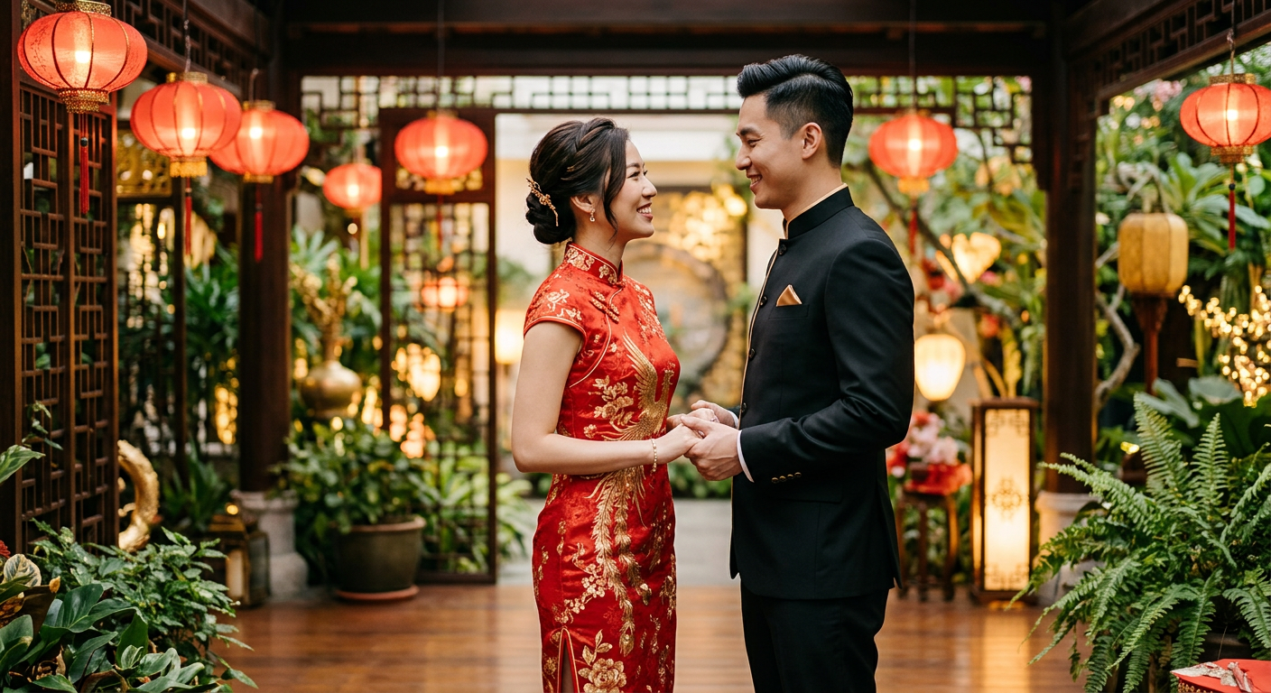 Modern cheongsam qipao pre-wedding photoshoot — Chinese couple